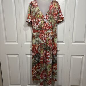 Lascana Dress Womens 12 Red Floral V Neck Wrap Midi Tropical Boho Vacation